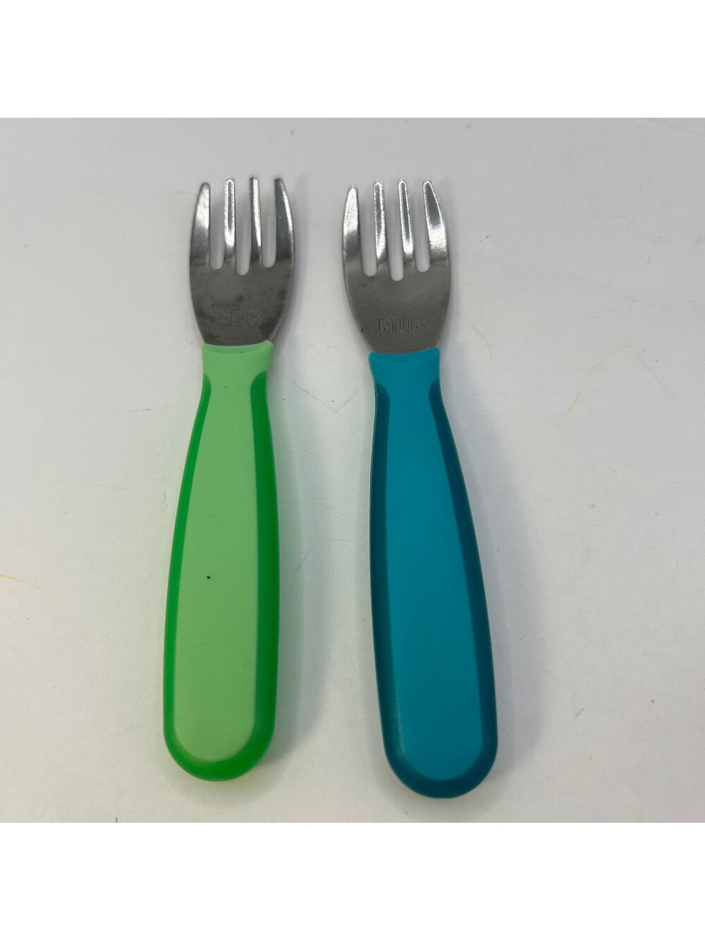 2 Preowned NUK Forks Blue and Green Handles